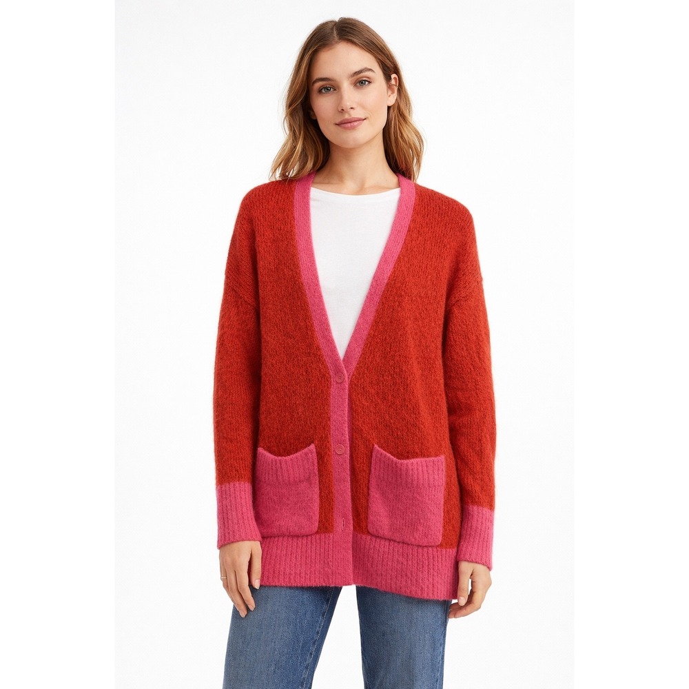 COS Red Pink Alpaca Wool Blend Oversized V-Neck Cardigan Sweater Womens Small